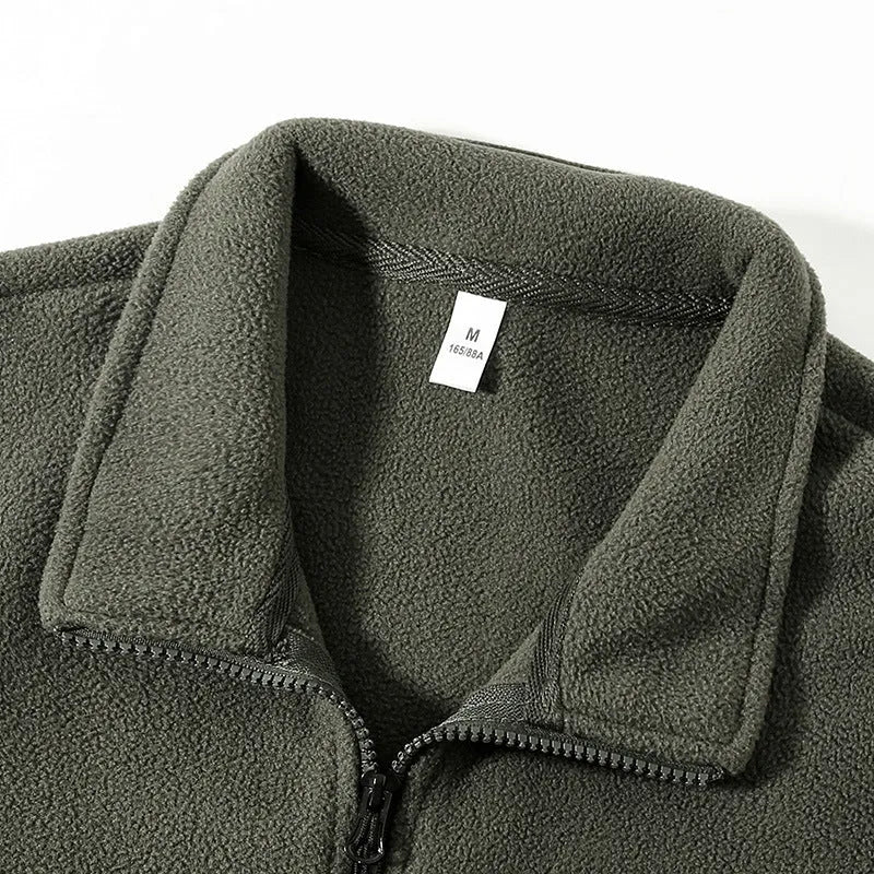 Men's fleece-lined thickened lamb wool fleece jacket cardigan in army green, loose fit, zip front, polar fleece fabric