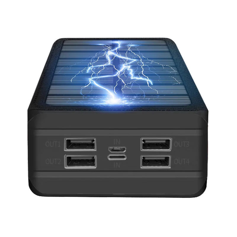 Black solar wireless power bank with coloured accents showing solar panel and wireless charging symbol