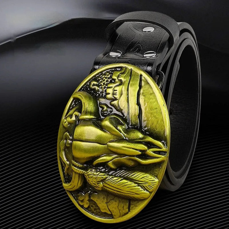 Men's cow head buckle belt with alloy fastening in black colour option