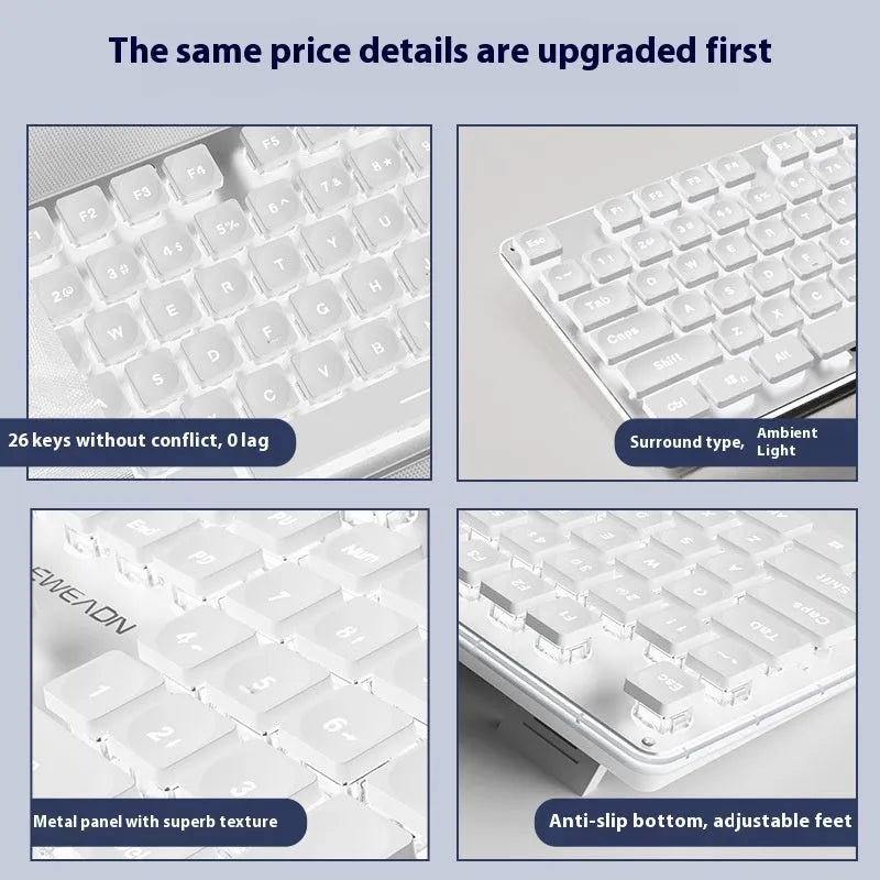 Button Mute wired mechanical keyboard with backlit keys on a desk, showing colour options.