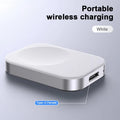 Black and white three-in-one magnetic wireless charger showing compact 4.3cm by 3.1cm dimensions