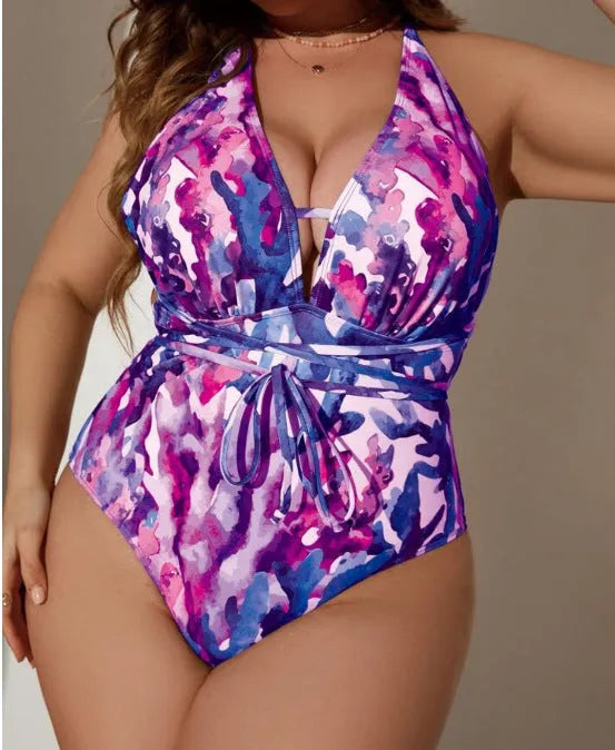 Purple halterneck one-piece swimsuit bikini with briefs style on mannequin