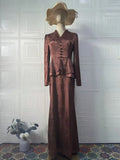 Dark brown artistic retro dress with plant pattern, long sleeves, and a fake two-piece design.