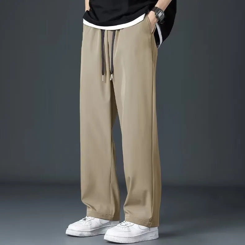 Ice silk men's wide leg drooping pants in black, elastic waist, straight cut, summer casual trousers