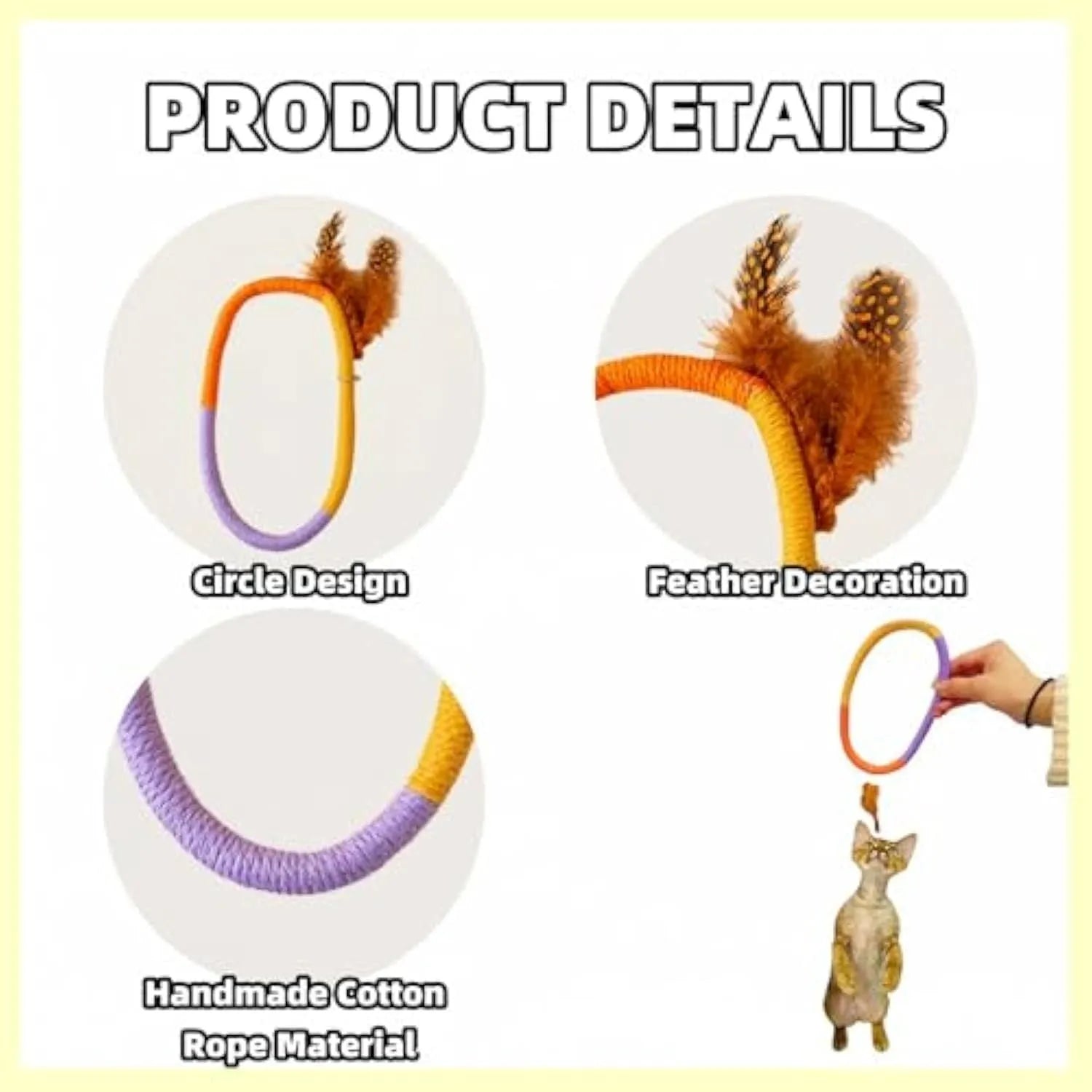 Green circular cotton rope cat toy with feathers and catnip for chewing and interactive play.