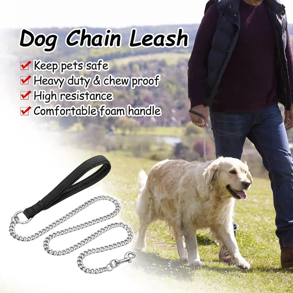 Heavy duty metal dog chain leash with soft padded black handle for large dogs