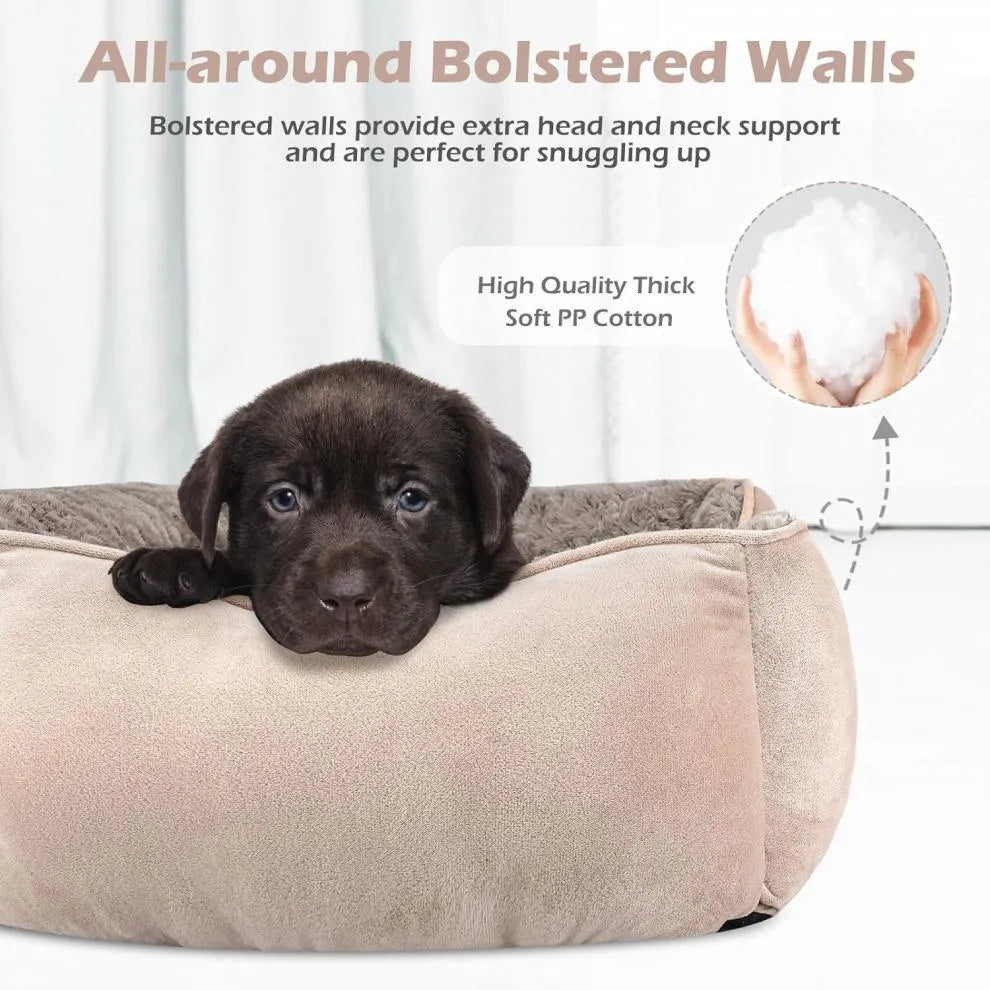Golden retriever stuffed plush pet kennel bed for dogs and cats in beige.