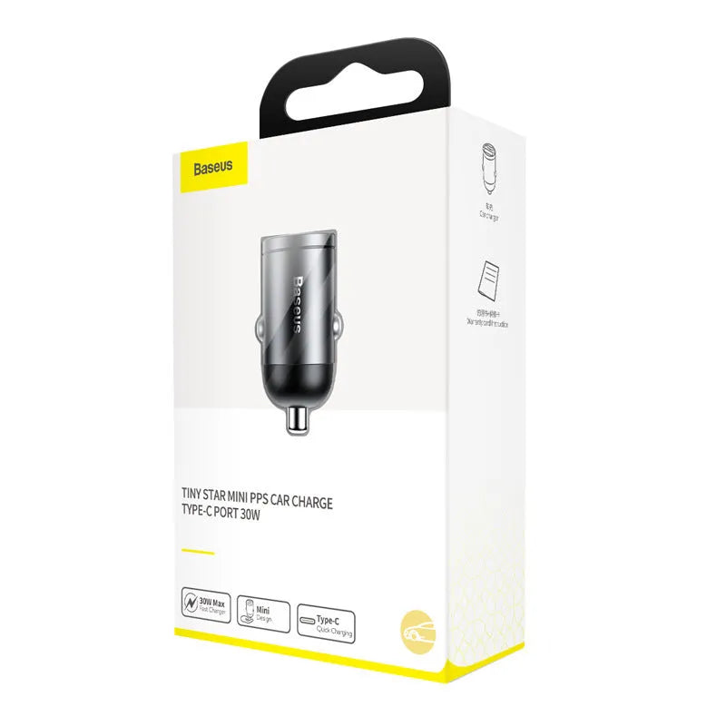 Baseus electro-optical grey mini car charger with single USB port and 1 metre cable.