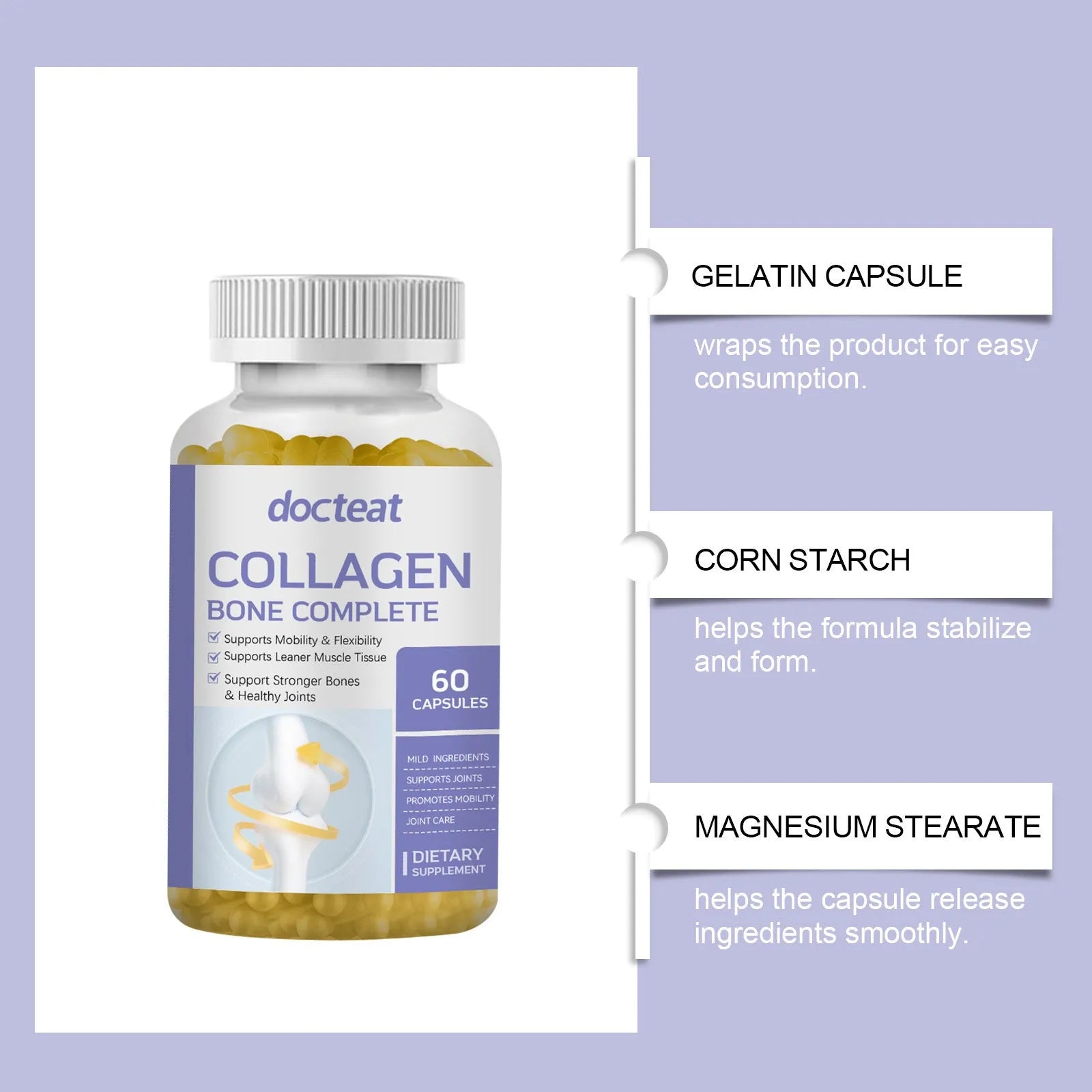 Container of 60 marine collagen and multivitamin capsules including vitamins C, D3, K2 and calcium.