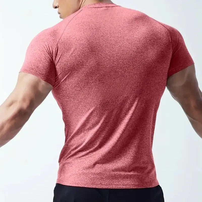 Men's round neck short sleeve t-shirt in black, gray, green, or pink, made from quick-dry stretch fabric.