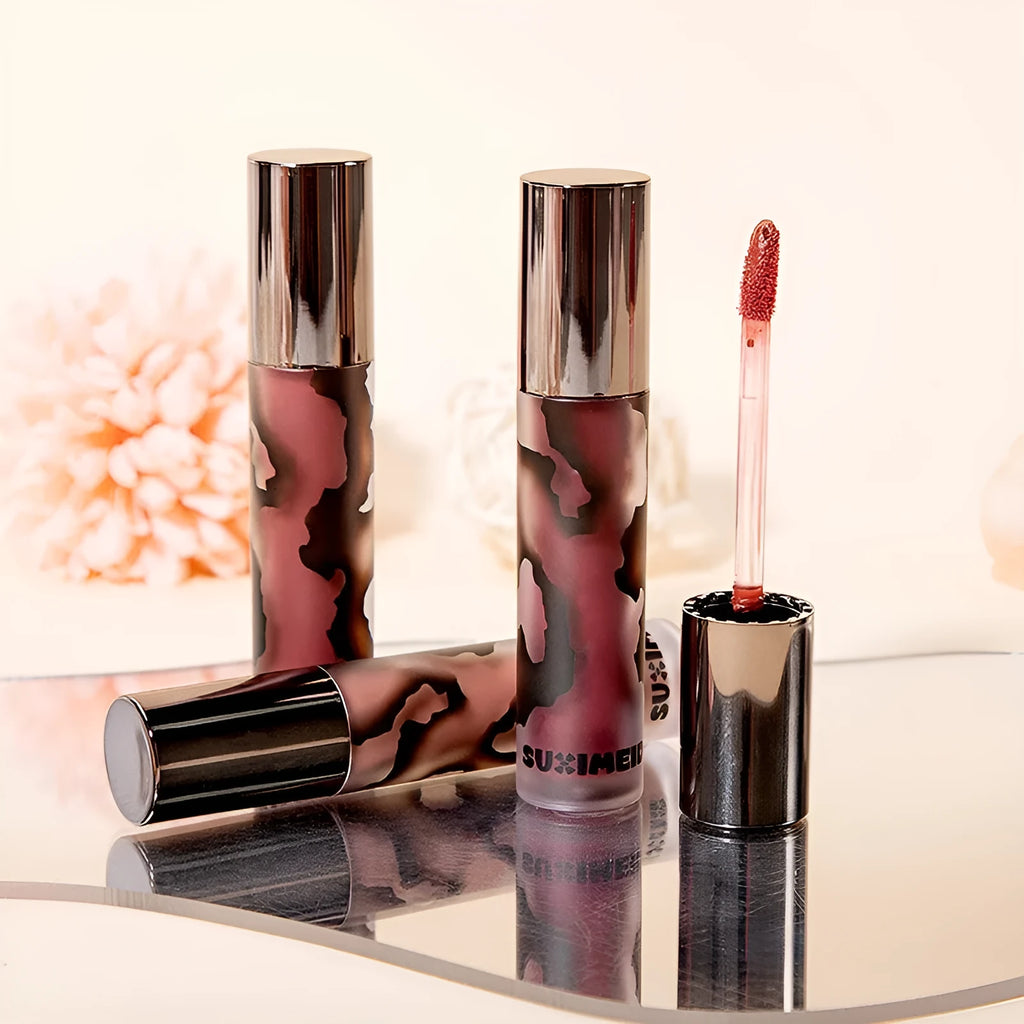 Lava Secret Matte Lip Mud Lipstick in a 3.2g stick showing five colour shades.