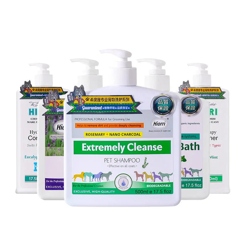 Five 500ml bottles of pet shower gel and conditioner for dogs and cats