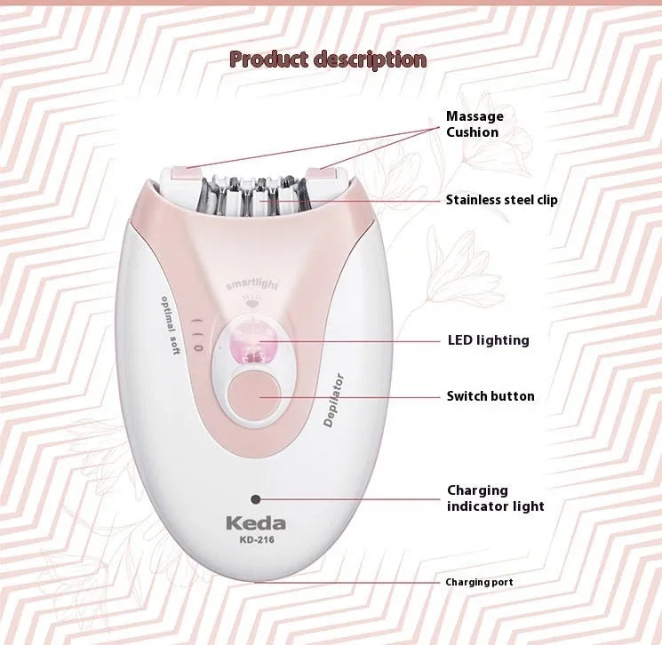 Portable USB electric hair removal device in KEDA-216 colour with brush cleaning accessory