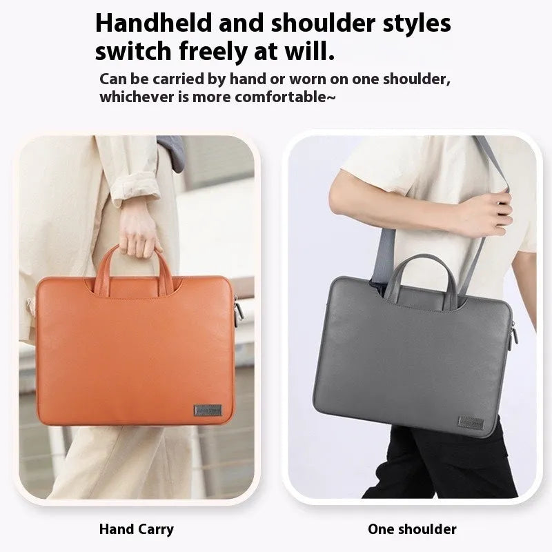 Black PU leather laptop storage bag with built-in power bank for 13-16 inch notebooks
