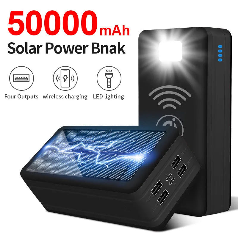 Black solar wireless power bank with coloured accents showing solar panel and wireless charging symbol