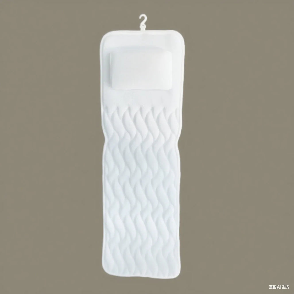 White luxury bathtub pillow with suction cups on a 4D mesh fabric surface.