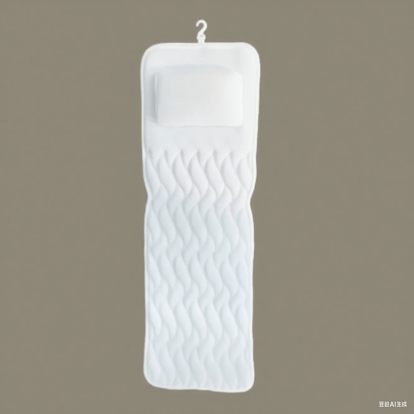 White luxury bathtub pillow with suction cups on a 4D mesh fabric surface.