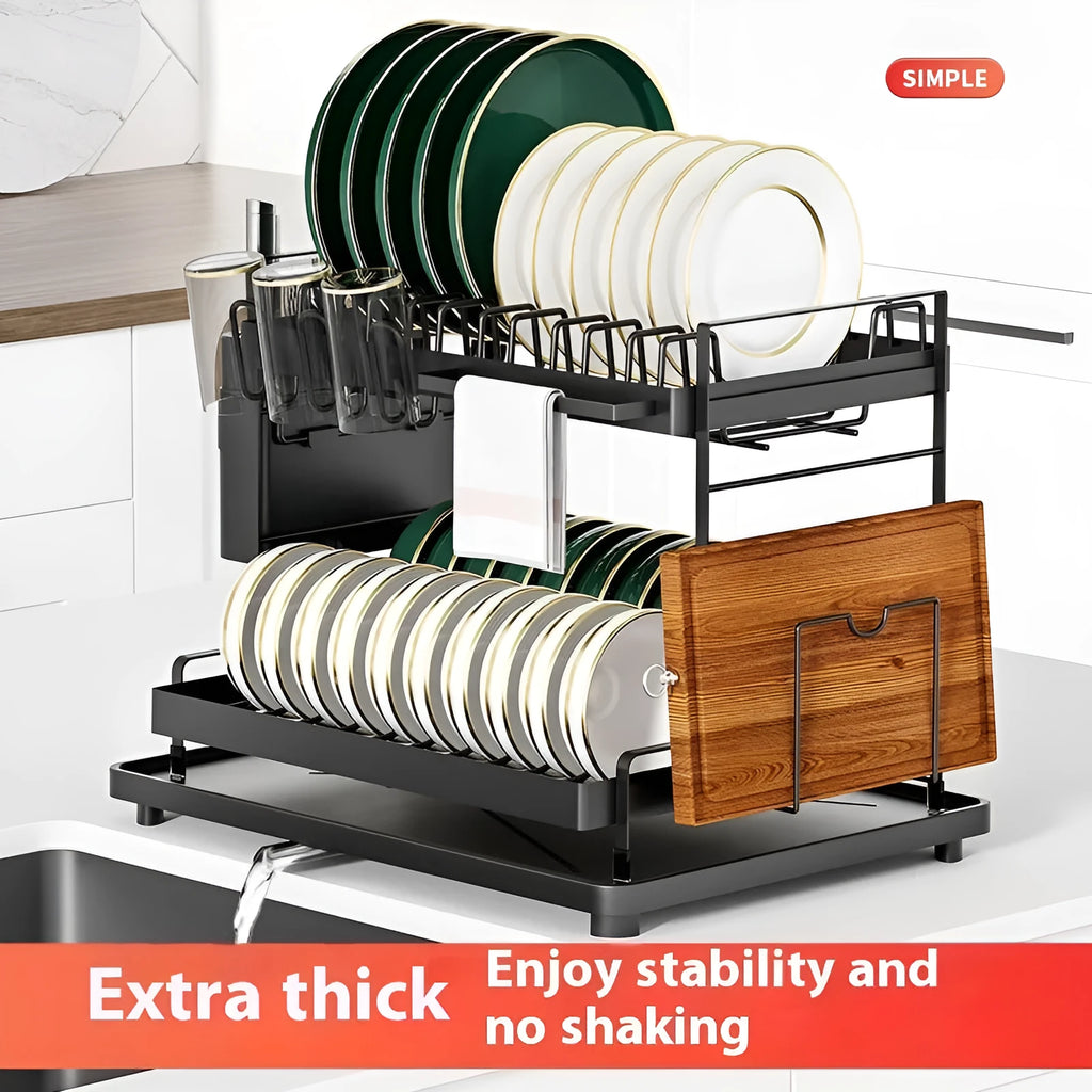 White double-layer kitchen storage rack with carbon steel construction and draining base
