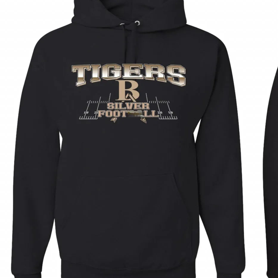 Black drop-shoulder sleeve pullover hoodie on a hanger