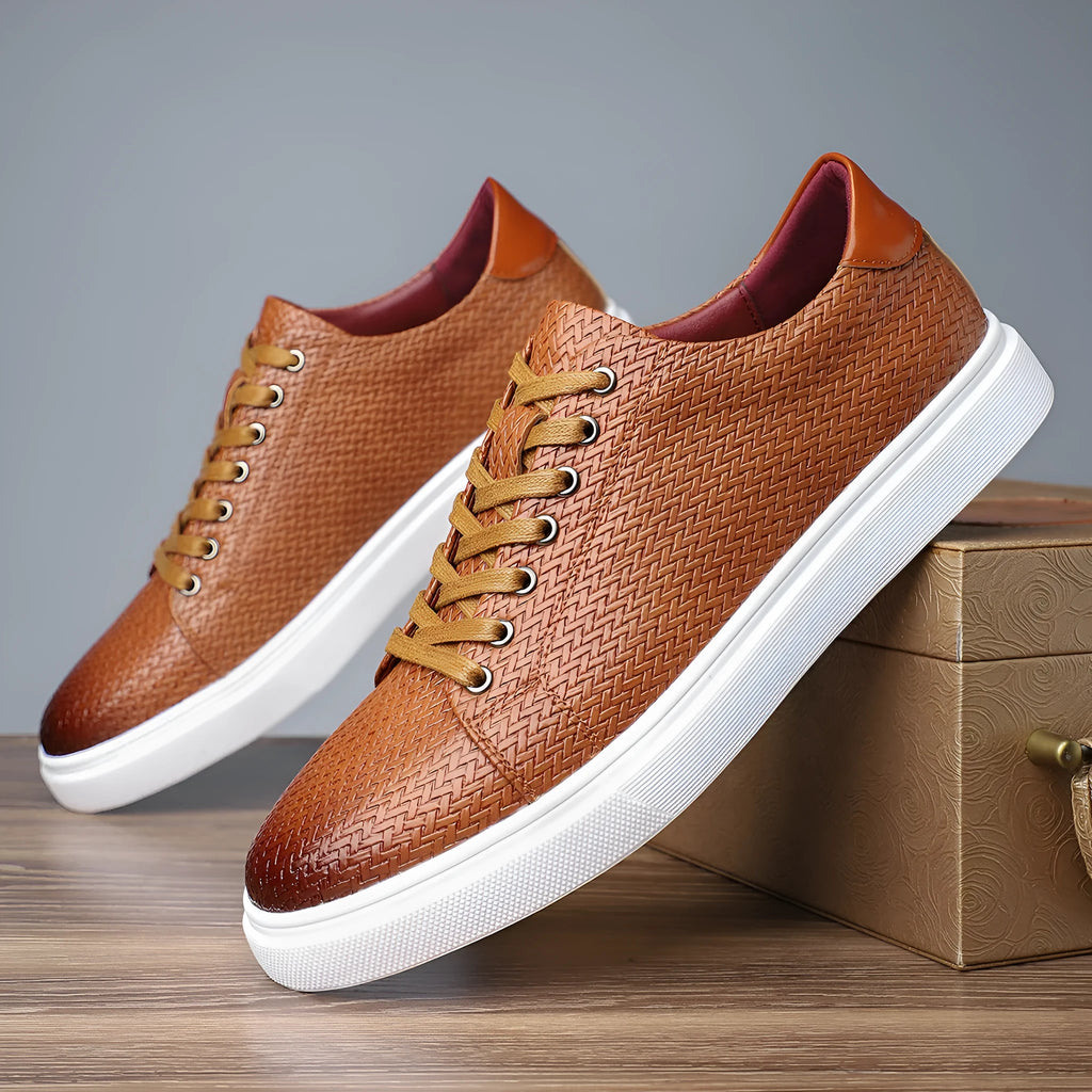 Men's black low-top business leather shoes with a rubber sole and stitching detail.