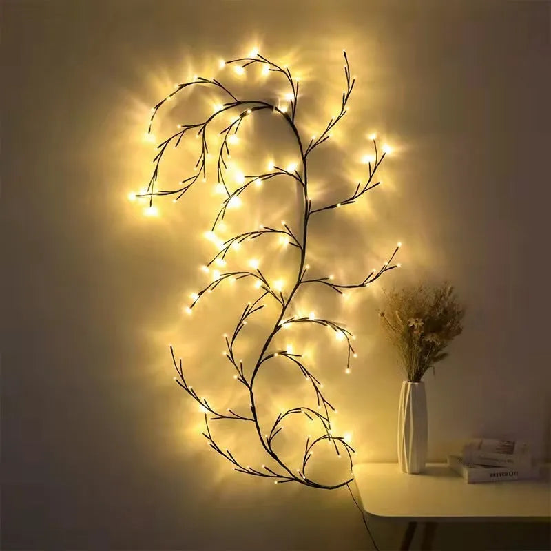 Flexible willow vine LED light garland with birch bark texture and warm white lights