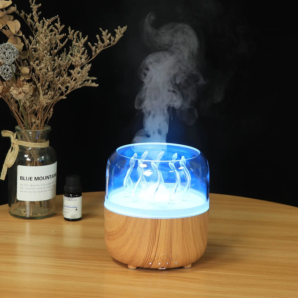 Wood grain rotating spray jellyfish ambience light humidifier with aromatherapy, black colour, on desk