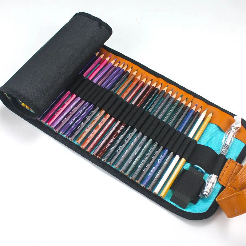 Set of 50 wooden coloured pencils in a box with a pencil case, showing vibrant colours and basswood casings.