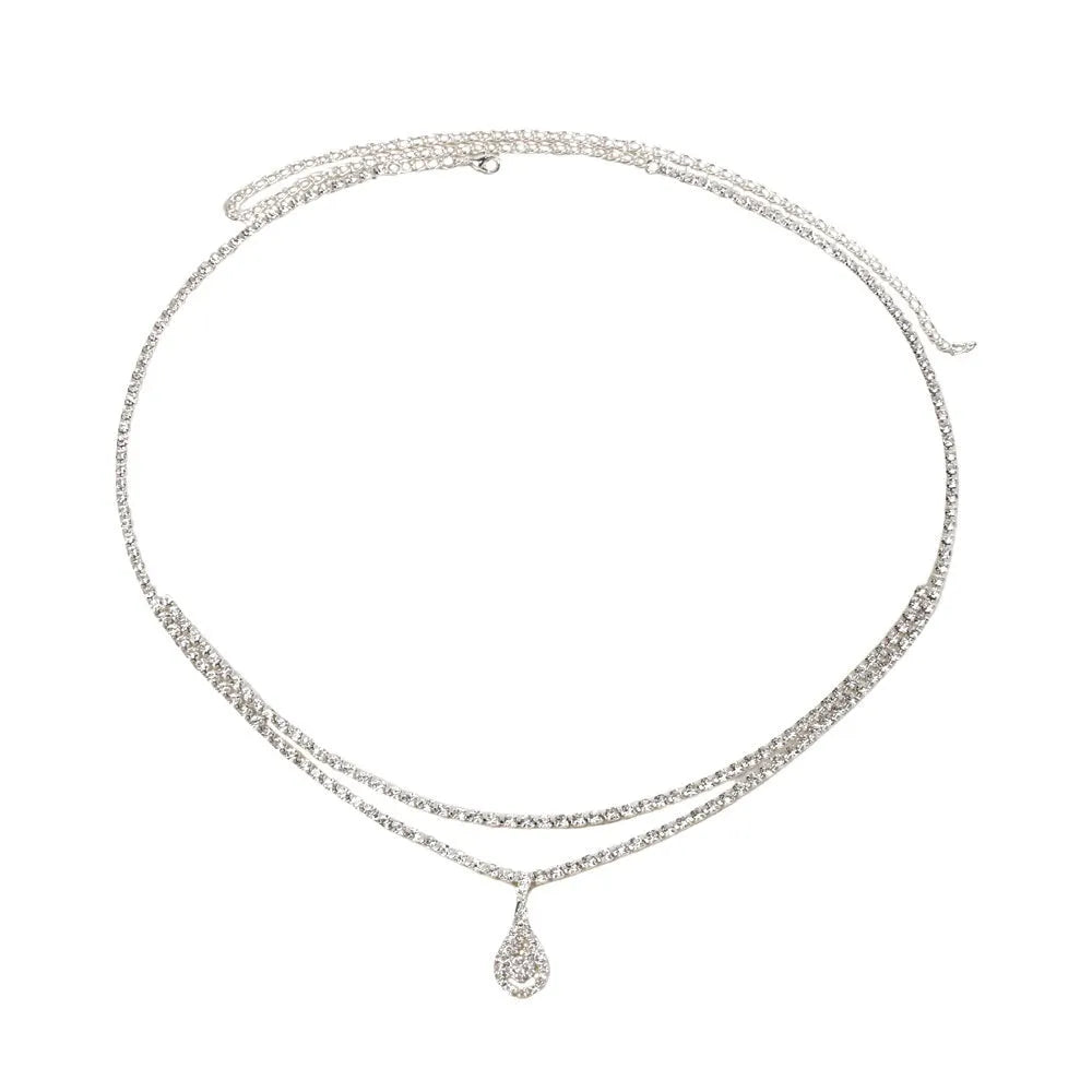 Gold or silver rhinestone waist chain with water drop pendant and lobster clasp closure