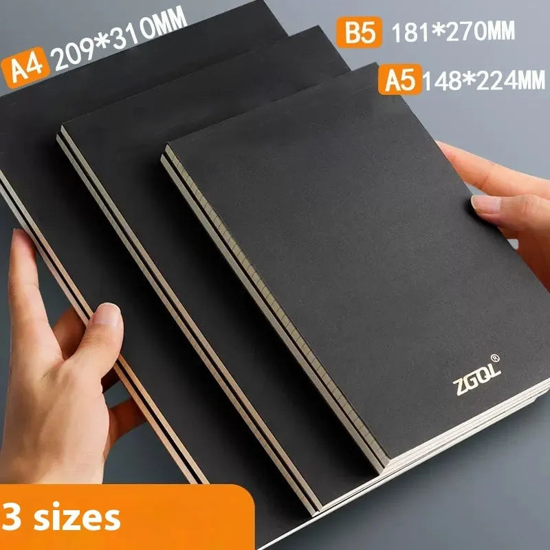 Set of tearable writing pads in A4, A5 and B5 sizes showing blank, grid and lined page options.