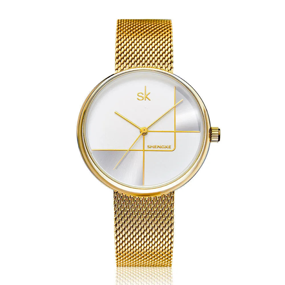 Women's geometric quartz watch with mesh strap in silver 34mm dial
