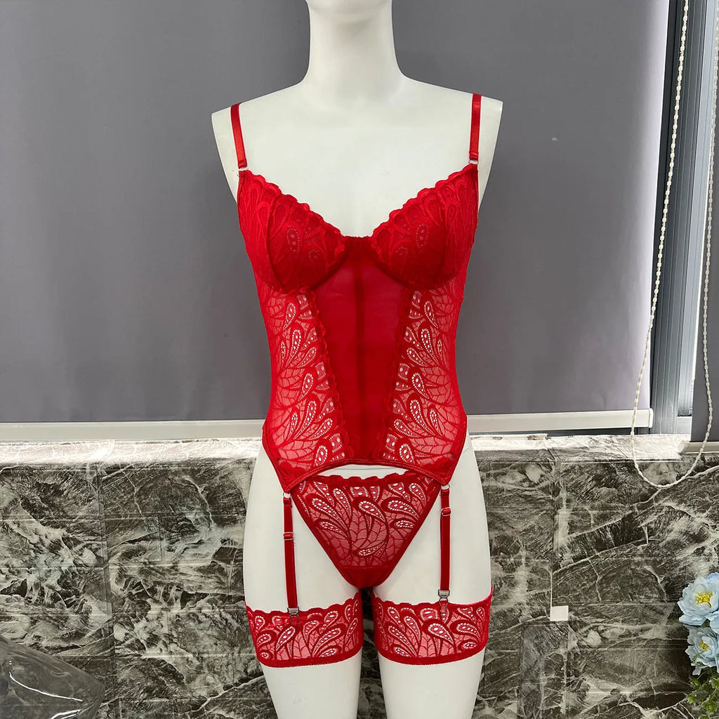 Lace jumpsuit bodysuit underwear set in black, red and white, polyester construction, sizes S M L