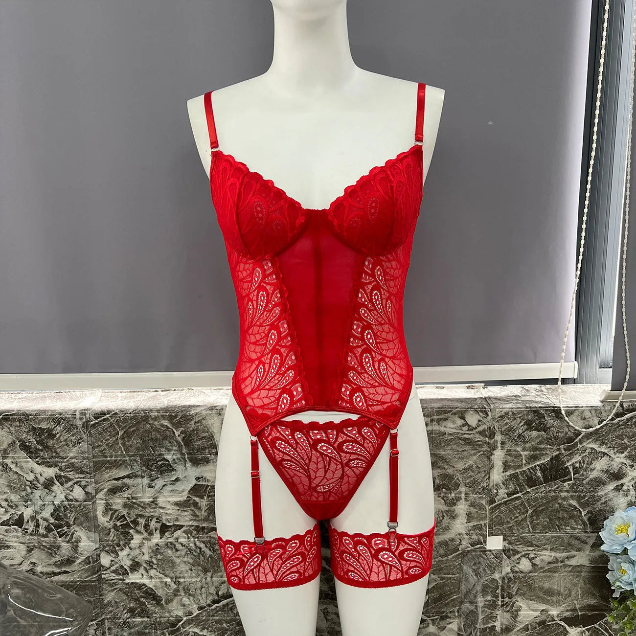 Lace jumpsuit bodysuit underwear set in black, red and white, polyester construction, sizes S M L