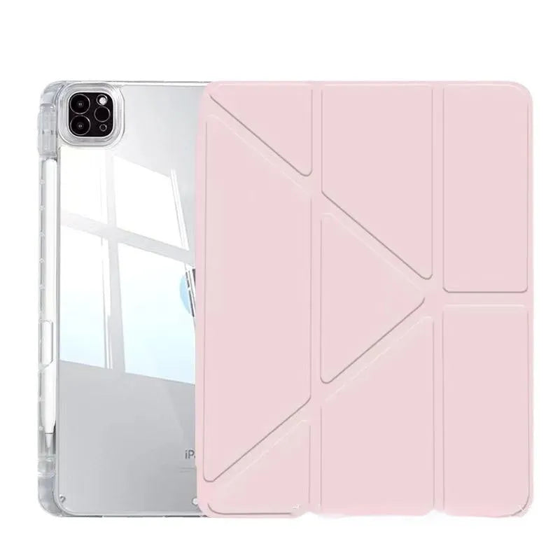 Clear acrylic iPad protective case with a folding stand open, showing colour options.