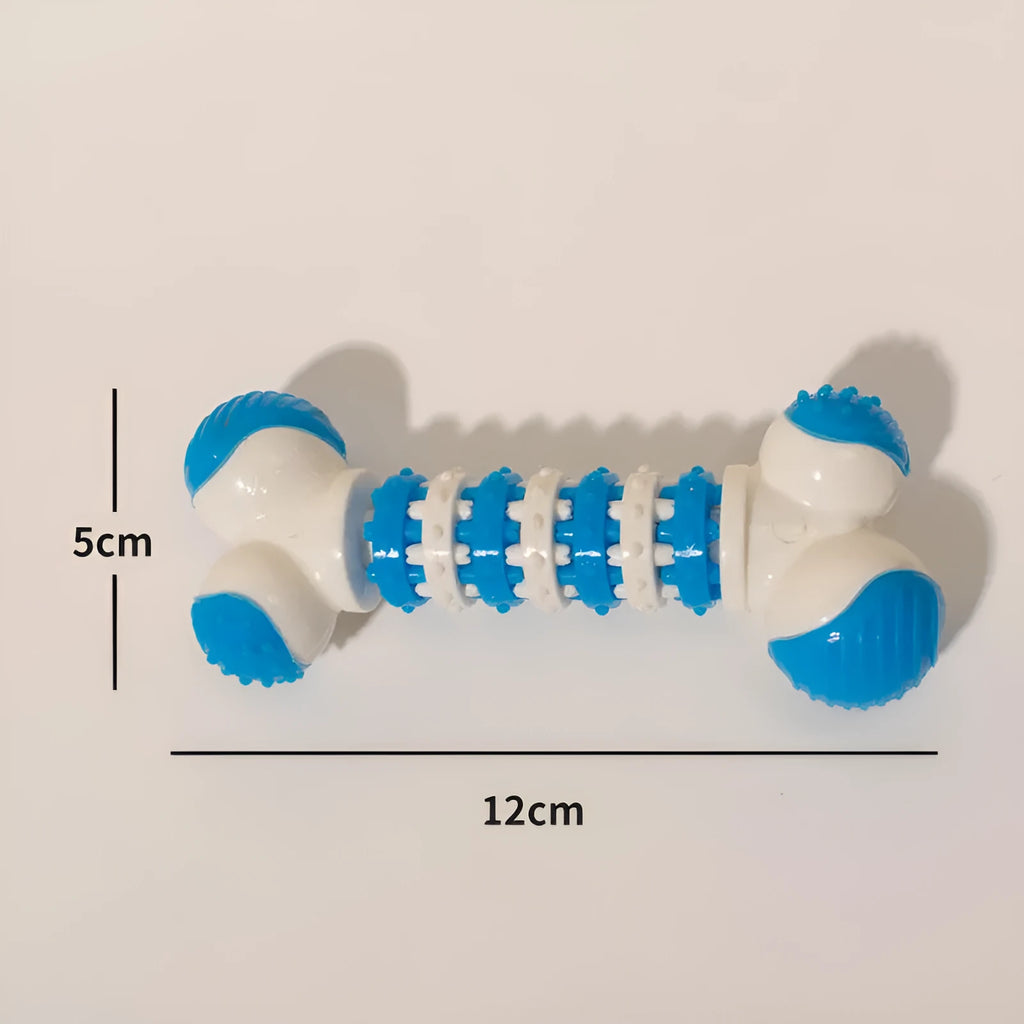 Blue bone-shaped interactive dog toy with chewable ends and centre treat holder for small breeds