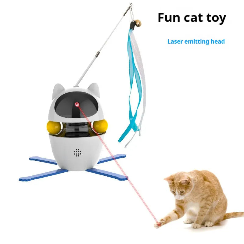 White automatic electronic cat toy with elastic rope extending from plastic base