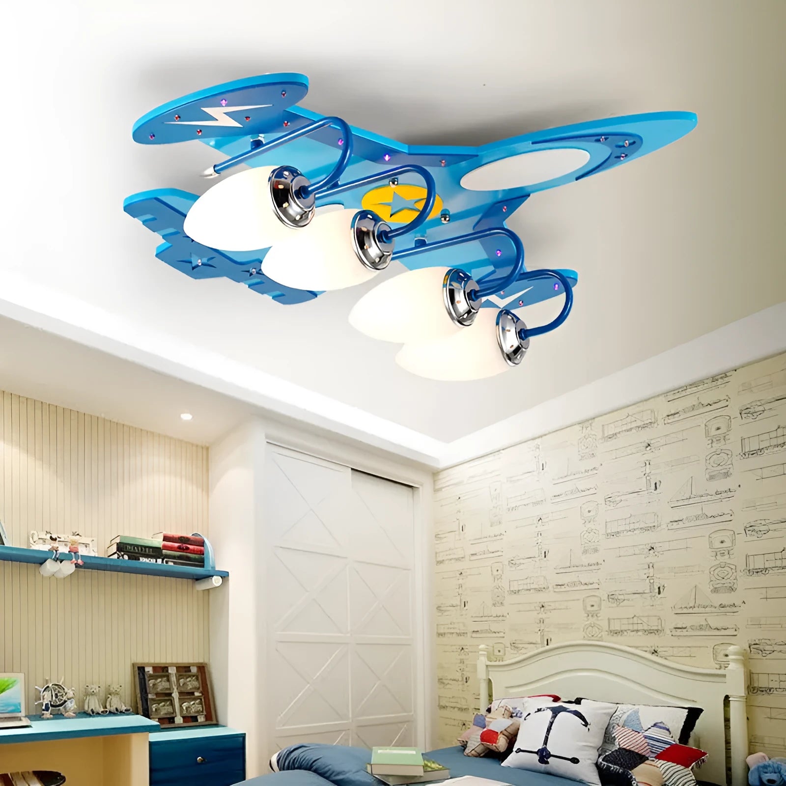 Children's aeroplane themed LED ceiling light with rectangular glass shade and wood frame