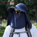 Men's khaki sun hat with built-in fan and neck covering shawl for outdoor fishing.
