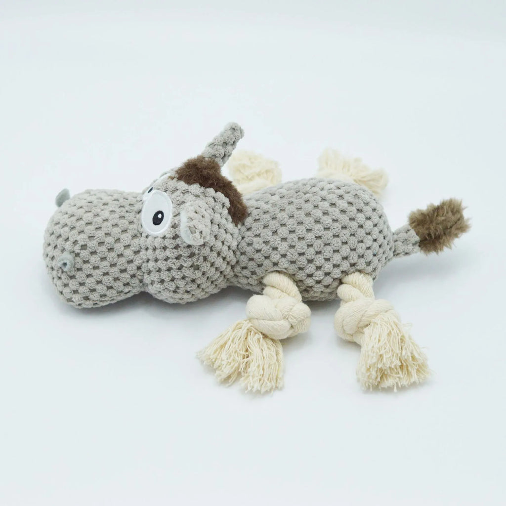 Gray donkey plush dog toy with creak sound, measuring 27 cm long