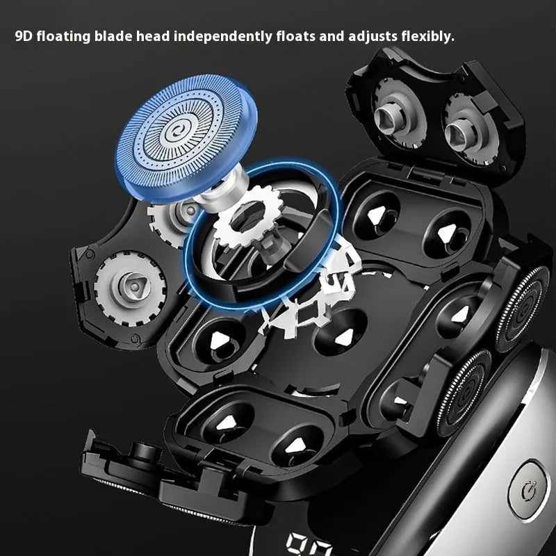 Black 6-in-1 rechargeable hair clipper and shaver grooming kit with multiple attachments laid out.