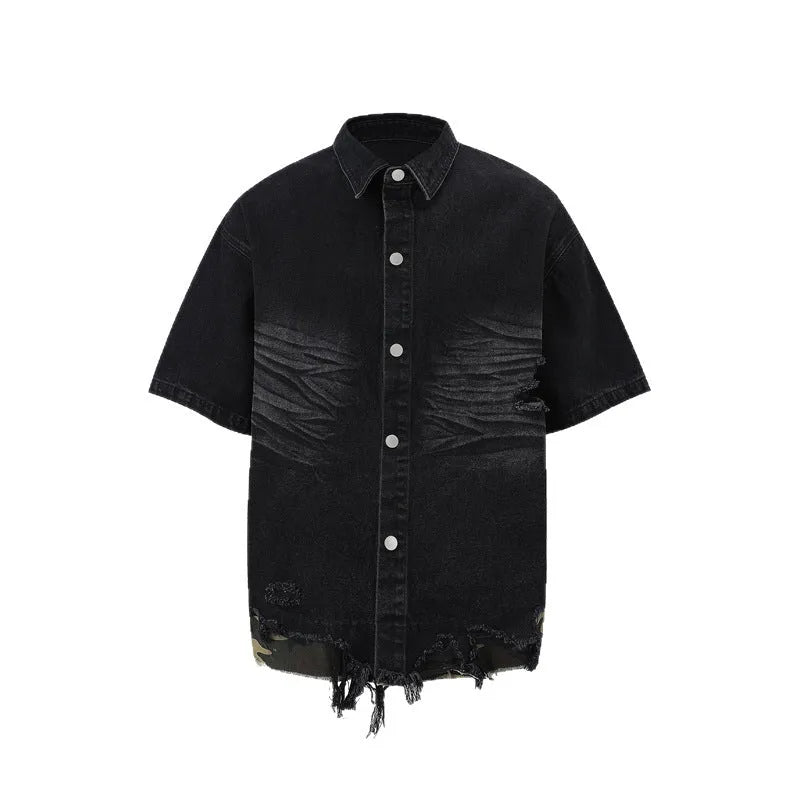 Leopard print denim short sleeve top and shorts set with cut edge stitching in blue.