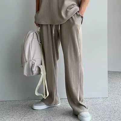 Men's polyester sleeveless tank top and trousers two-piece sportswear suit in t14 beige