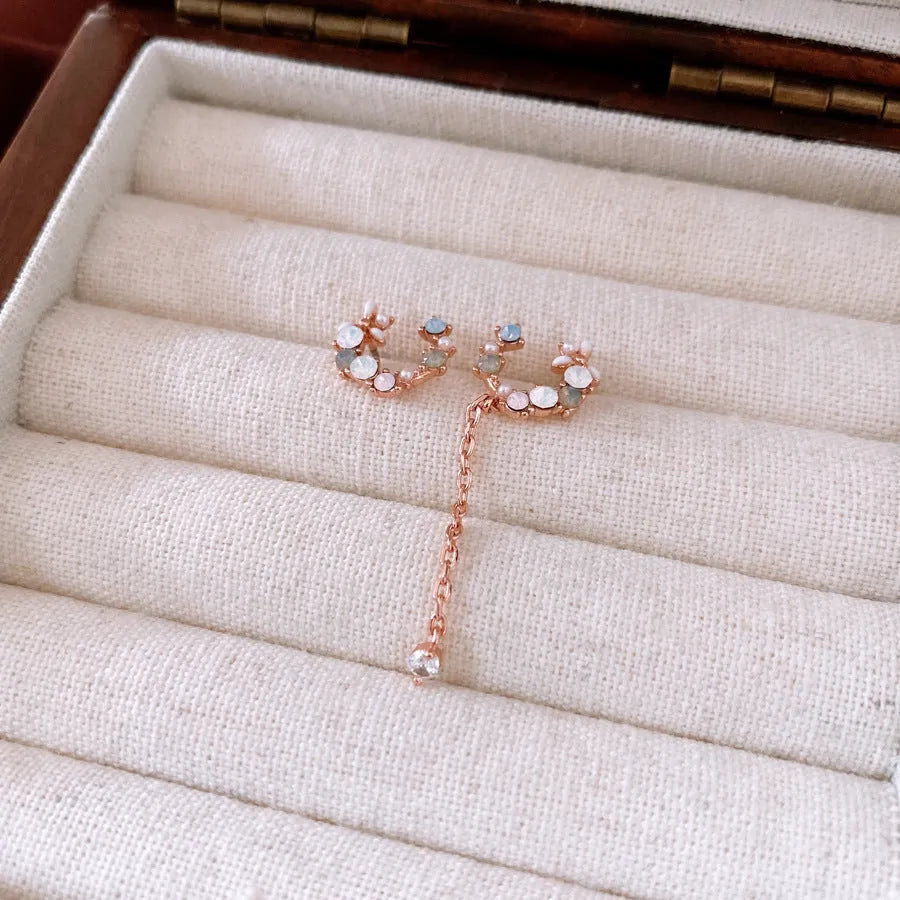 French style silver needle zircon flower drop earrings in rose gold pink on copper base