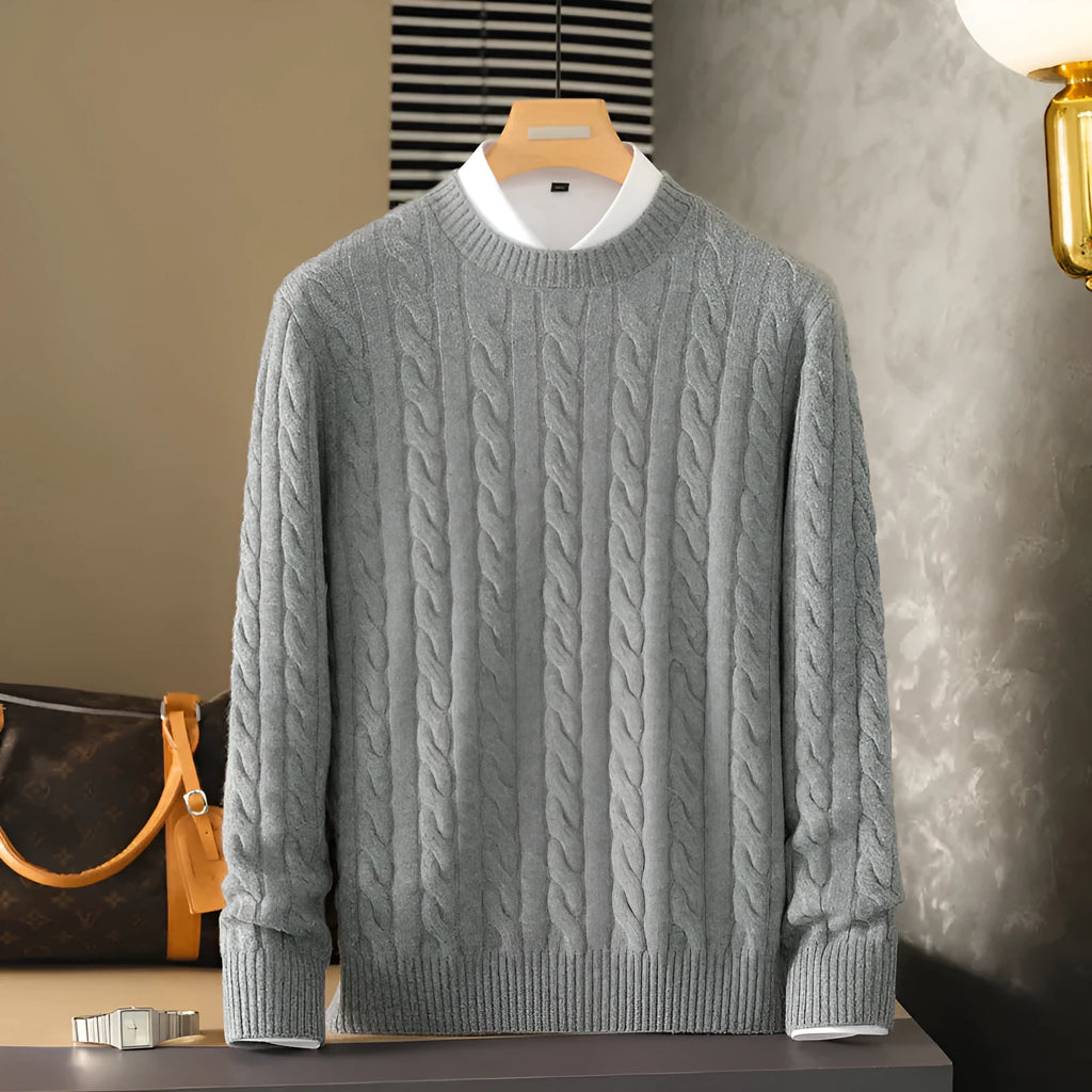 Pure cashmere sweater round neck double-ply cable knit thickened warm base layer in Golden Camel for men