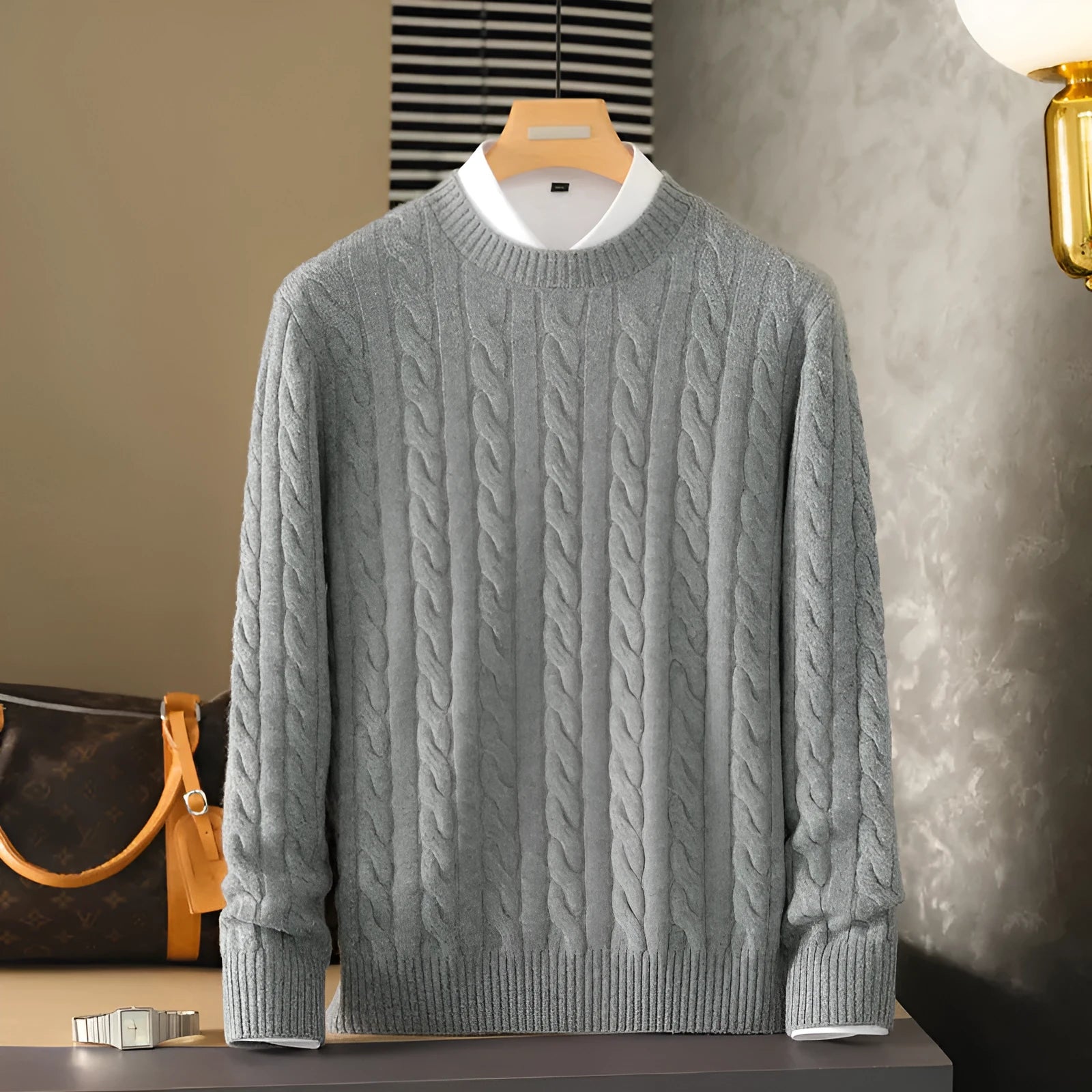 Pure cashmere sweater round neck double-ply cable knit thickened warm base layer in Golden Camel for men