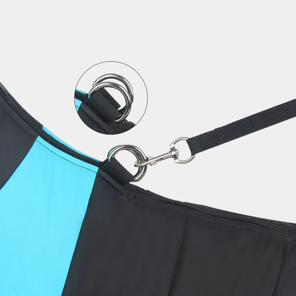 A waterproof padded dog vest jacket with a zip, shown in one of seven available colours.