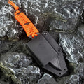 BG197 fixed blade camping survival knife with straight blade, rope-wrapped handle, and black ABS plastic sheath.