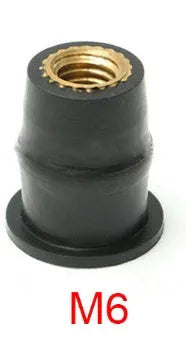 Black motorcycle well nut fasteners with brass threads in M4, M5, and M6 sizes for panel mounting.