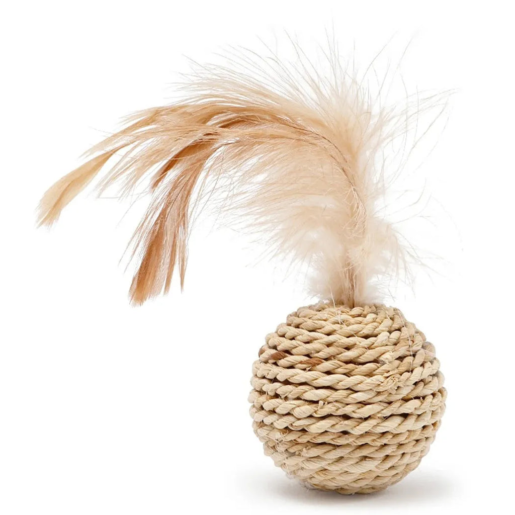Two-piece cat toy set showing rattan ball and faux feather ball with bell