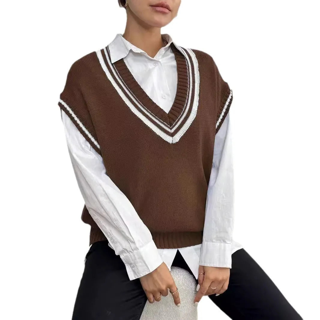 Women's loose-fit college style vest sweater in blue, coffee, and black colour options.