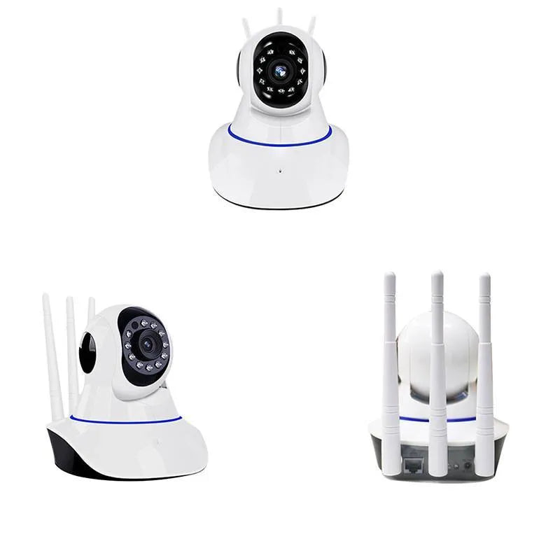 White wireless dome security camera showing front lens, mounted on a wall for surveillance.